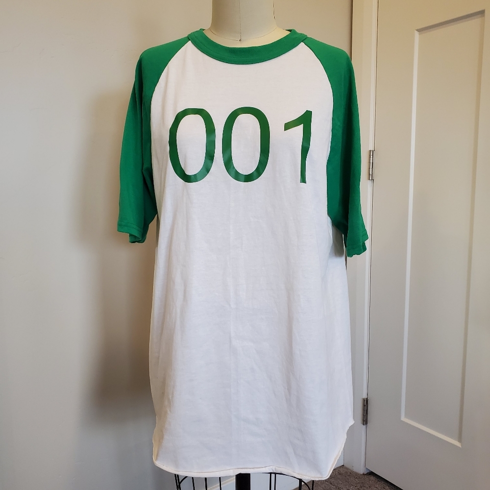 Custom made 001 shirt. Green and white with raglan short sleeves. Large unisex